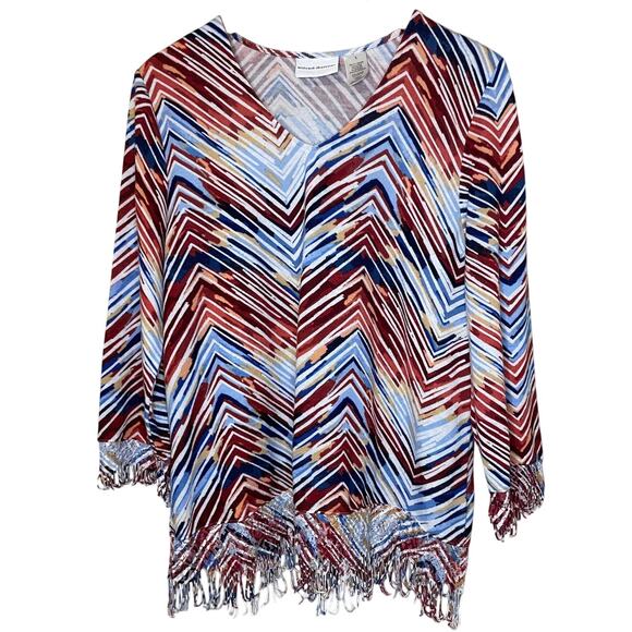 Alfred Dunner Tops - Alfred Dunner Boho Zig Zag Multicolor Fringe Long Sleeve Women's Blouse Large